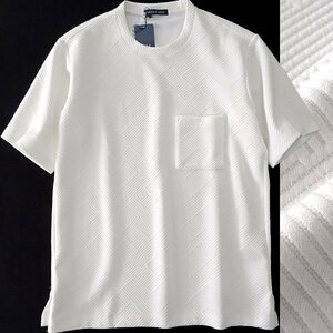 新品 ニコル フクレ ジャカード ストレッチ 半袖 カットソー 48(L) 白 【I50673】 NICOLE Selection ポケット Tシャツ 春夏 メンズ 丸首