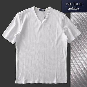  новый товар Nicole ребра полоса V шея трикотаж с коротким рукавом 48(L) белый [I54578] весна лето мужской NICOLE Selection футболка summer casual 