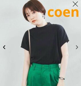 coen(コーエン)USAコットンハイネックフレンチスリーブワイドリブTシャツ黒