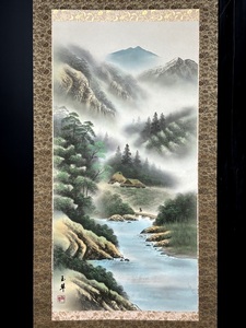 模写 玉翠 作画 「色彩山水図」 掛軸 180×64.cm 風景画/日本画/美術品/床の間