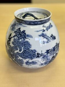 茶道具 水指 膳所焼 染付 近江八景 芋頭 ぜぜ 陽炎園 岩崎新定　色絵 陶器 ジャンク品