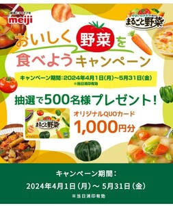 応募レシート1口分☆明治おいしく野菜を食べようキャンペーン！オリジナルQUOカード1,000円分が500名様に当たる！懸賞