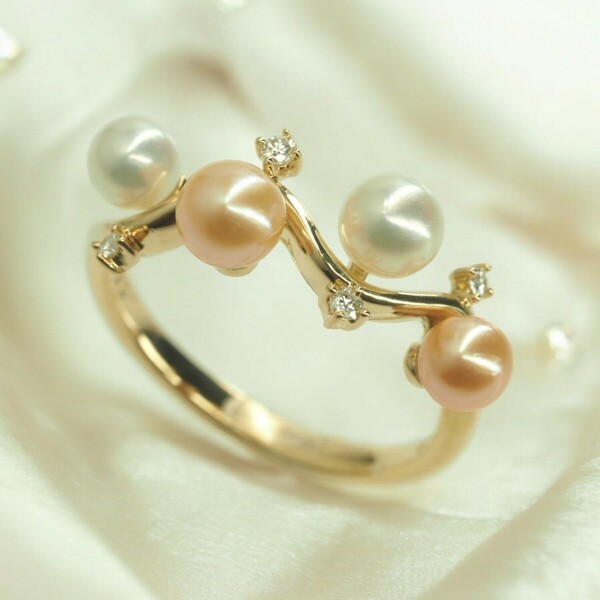 田崎真珠　TASAKI　タサキ　可愛いカラーパールダイヤリング　指輪　K18YG 12号　天然アコヤ本真珠　パール　4.2mm～4.5mm珠
