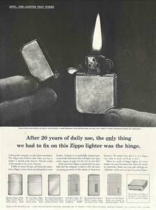 1962年ZIPPO Lighters20年間毎日使用してきて修正しなければならなかったのはヒンジだけ。/ヴィンテージ雑誌広告オリジナル・ポスター