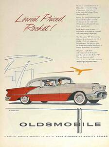 1956年Oldsmobile 88 レッド ホワイト 2 ドア セダンロケット。/ヴィンテージ雑誌広告オリジナル・ポスター