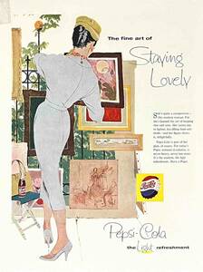 1958年Pepsi立って絵を描く女性。/ヴィンテージ雑誌広告オリジナル・ポスター