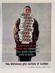 1960年LUCKY STRIKE今年のクリスマスは幸運のカートンを贈りましょう /ヴィンテージ雑誌広告オリジナル・ポスター