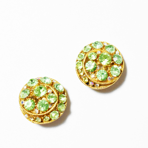 Vintage BSK　1950′s green×aurora rhinestone goldmetal 　 earrings