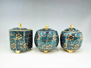  Kutani blue bead censer 3 kind 3 point together unused new goods / tea utensils . tool ornament AZ521-12