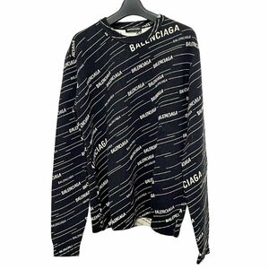 Balenciaga バレンシアガ メンズ 総柄 クールネックニットセーター ブラック×ホワイト ロゴ トップス ジャガード 【美品】 U2312K461