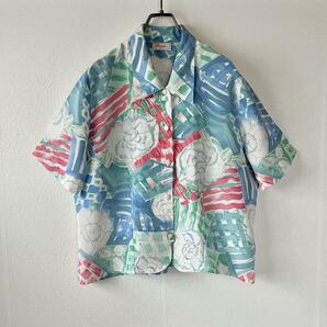 EURO古着 ヴィンテージ vintage 90s フランス製 総柄シャツ ブラウス 花柄 半袖 アート パステル L 水彩画 飾りボタン ガーリー レトロの画像1