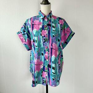 vintage ヴィンテージ メキシコ製 総柄シャツ フレンチスリーブ L コットン カラフル 花柄 ボタニカル 綿 ピンク レトロ