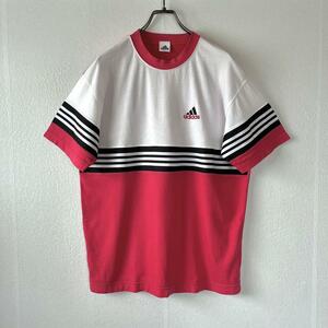 vintage ヴィンテージ adidas アディダス デサント ロゴ刺繍Tシャツ 白 赤 黒 レトロ 3本ライン コットン 綿