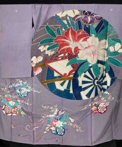 * kimono ... antique kimono obi * purple ground ... crepe-de-chine single . summer kimono flower car writing sama classic writing sama color tomesode silk old cloth old .