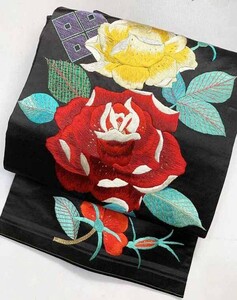 ★きものさらさ　アンティーク着物帯★名古屋帯　黒繻子地　薔薇　刺繍　モダン　大正ロマン　古布　古裂