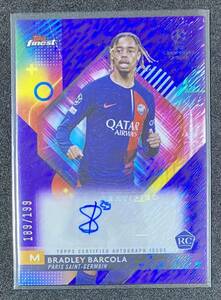 【直筆サイン・RC】Bradley Barcola, Paris Saint-Germain Base Autographs Purple Shimmer /199 2023-24 Topps Finest UCC Soccer