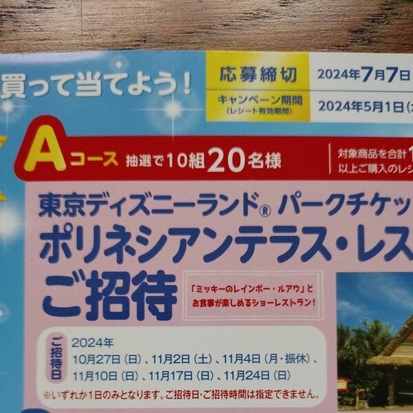 レシート懸賞 応募 東京ディズニーリゾートご招待 パークチケット ペア+ポリネシアンテラス・レストラン　キッコーマン　高額懸賞