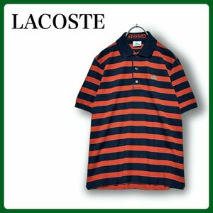 【美品】ラコステ ボーダー ポロシャツ サイズ３ 鹿の子 日本製 夏 定番 カノコ LACOSTE メンズ 男性 PH952E 半袖 ワニワンポイント 襟ロゴ