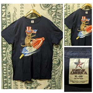 00s ビンテージ SPIRIT.OF.AMERICA ネイビー 星条旗 猫 ロケット プリントTシャツ 2000年代製■サイズ表記XL 猫T アメカジ 古着 90s