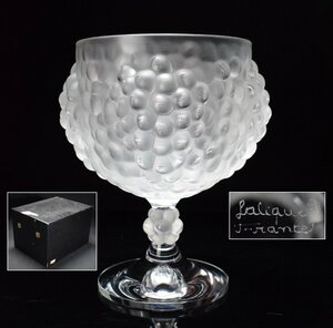 大型作品 ラリック クリスタルガラス LALIQUE 陽刻葡萄 ボウル 花瓶 高29.5cm/直径24cm 箱付 フラワーベース フランス 花器