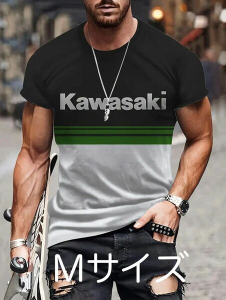 Kawasakiロゴ　プリントTシャツ！Mサイズ（JP XLサイズ）半袖 吸汗速乾 Tシャツ ドライ 通気性・速乾性良好