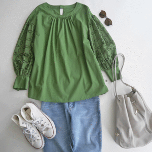  new goods # Iena handling .simplisite.# Broad material race sleeve blouse green! race embroidery. volume sleeve! cotton Broad material 