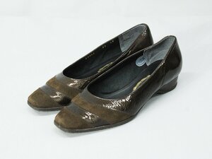  beautiful goods Ginza yo shino ya border square Turow heel suede enamel pumps scorching tea 23 rj060