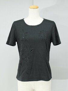 マダムジョコンダ スパンコール花刺繍ストレッチ半袖プルオーバー/Tシャツ 黒 al043