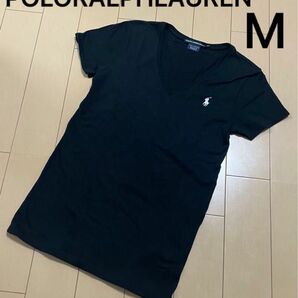 POLORALPHLAUREN ポロラルフローレン刺繍ロゴ レディース　VネックTシャツ　黒