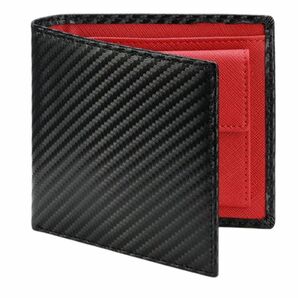 カーボンレザー ウォレット 二つ折り財布 メンズ財布 コンパクト財布 ビジネス財布 プレゼント財布 軽量財布　表は黒　内側レッド