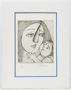 北川民次『母子像』銅版画　ed.51/100. 鉛筆サイン　マット付き（額なし）　＊マット裏シールのサインは印刷になります。