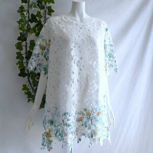 【新品】8944【L】上質 花模様総カットワーク チュニック ワンピース 白系 花柄入り 裏地あり 高級感 上品 40代 50代 60代 春 夏