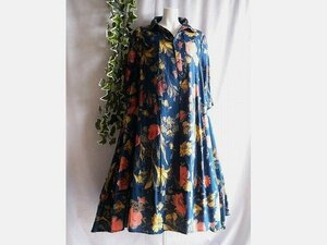 Art hand Auction [New] 8338 [L] High-quality cotton linen painting-style floral pattern dress Navy color Volume flare cocoon Luxurious 40s 50s 60s Spring Summer Autumn, one piece, Long skirt, Large size