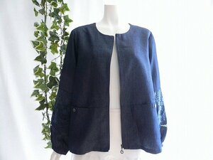 【新品】8349【L】上質 ヨーロピアン調レース使い ダンガリー ジャケット 紺 長袖 ノーカラー 40代 50代 60代 春 夏 秋