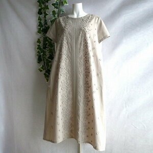 【新品】8902【L】レディース シャツ ワンピース 半袖 ベージュ 立体花刺繍 綿100％ ナチュラル コットン ロング丈 春 夏 秋