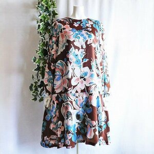 Art hand Auction [New] 8337 [42] High-quality, high-class, made in Japan, flared hem, dress, brown, large painting-style floral pattern, for 40s, 50s, 60s, spring, summer, one piece, Knee-length skirt, Large size