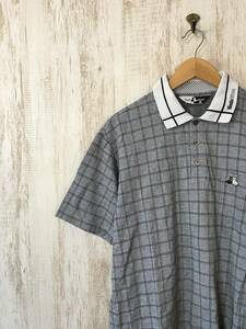 209☆【ゴルフウェア チェック ポロシャツ】Black＆White ブラック＆ホワイト グレー系 L