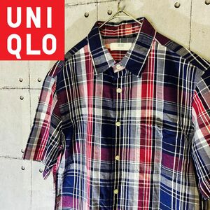 UNIQLOユニクロ　リネンコットン　半袖　チェック柄シャツ　Mサイズ ネルシャツ