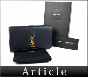 175033◇ SAINT LAURENT PARIS サンローランパリ 二つ折り長財布 フラップ ウォレット 414567 レザー 革 ネイビー 紺 ロゴ 箱付/ C