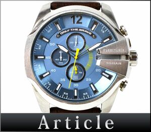 176382◆動作確認済 DIESEL ディーゼル メンズウォッチ クロノグラフ 腕時計 クォーツ DZ-4281 SS レザー 革 ブルー シルバー/ D