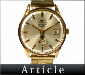 176991◆動作確認済 TECHNOS テクノス ゴールドシールド 腕時計 自動巻き デイデイト 3針 ラウンド GP シルバー ゴールド メンズ/ D