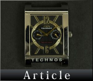 174983□動作未確認 TECHNOS テクノス 腕時計 クォーツ デイデイト スクエアフェイス T2046 ブラック ゴールド メンズ アナログ/ D