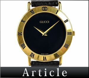 175443* рабочее состояние подтверждено GUCCI Gucci мужской часы наручные часы кварц 3000.2.M раунд 2 стрелки GP кожа кожа черный Gold / D