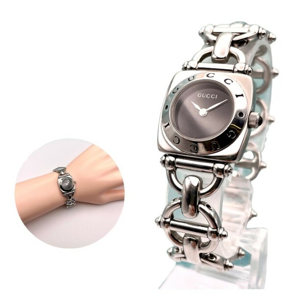 極美品■稼働 GUCCI グッチ レディース 腕時計 ブレス 6400L チェーン シルバー 黒文字 N603-1250-2