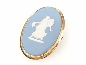 ウェッジウッド　Wedgwood　ジャスパー　ブローチ　陶器　4.2×2.9cm　ライトブルー×ゴールドカラー　YAS-5591