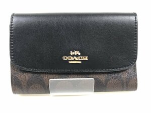 美品　コーチ　COACH　シグネチャー　PVC　レザー　小銭入れ付き　折財布　ブラック／ブラウン　YS-669