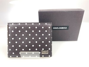 未使用　ドルチェ＆ガッバーナ　DOLCE＆GABBANA 　PVCレザー　ドット　二つ折財布 　ブラック×ホワイト×ブルー　YS-626