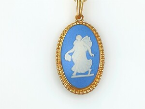 ウェッジウッド　wedgwood　ジャスパー　ネックレス　陶器　ゴールドカラー×ブルーカラー　トップ2.5cm×1.5cm　YAS-3740