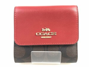 未使用　コーチ　COACH　シグネチャー ブロックドトリフォールド　ウォレット　小銭入れ付き　三つ折り財布　ブラウン/レッド　YK-735