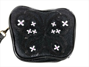 美品　アナスイ　ANNA　SUI　スパンコール刺繍　ベルト付きポーチ　ブラック/パープル　コスメポーチ　バッグインバッグ　YS-270